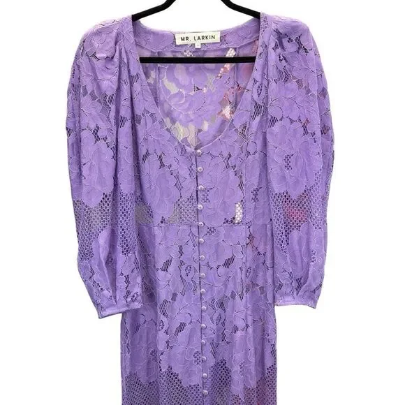 Mr. Larkin Penny Dress Lace Purple Long Sleeve Midi Ruffle Hem Size M